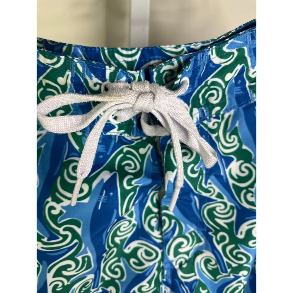 Three Islands 32 Shark Print Board Shorts Blue Green Swim Trunks Preppy Coastal